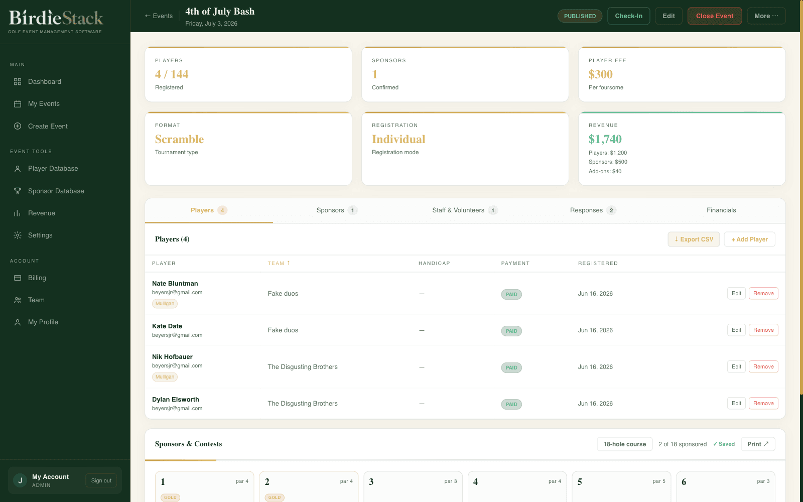 BirdieStack event detail page