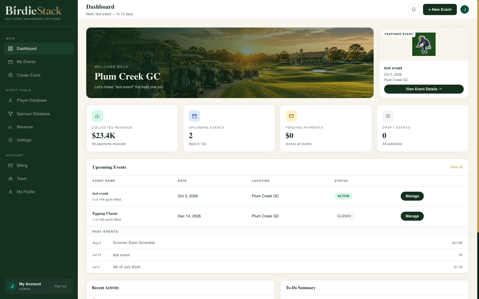 BirdieStack dashboard